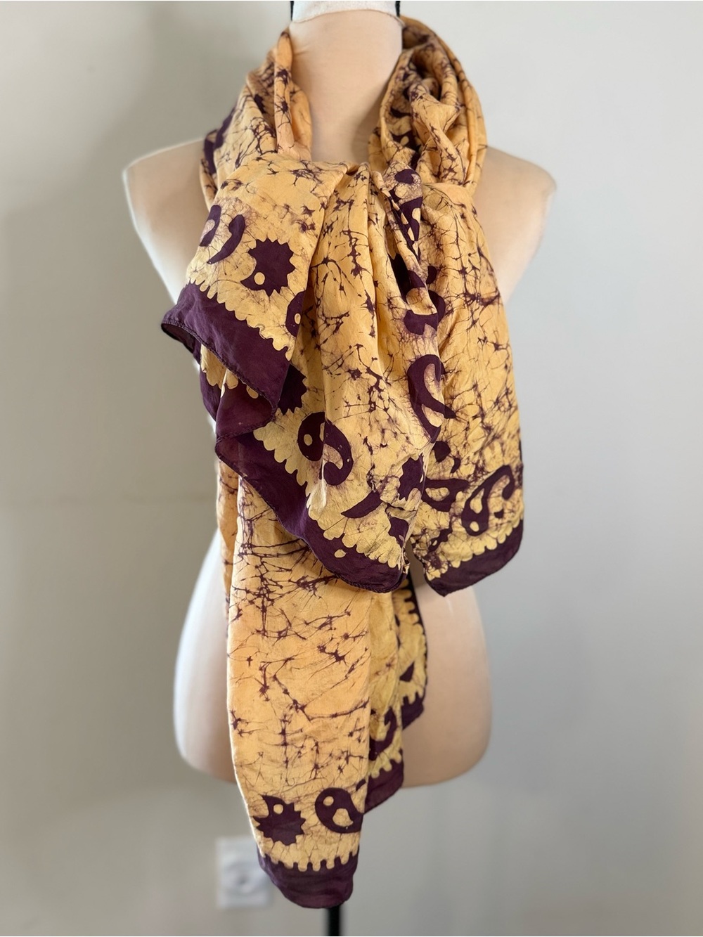 Silk wrap scarf boho paisley floral tie dye neutral brown tan FLAW